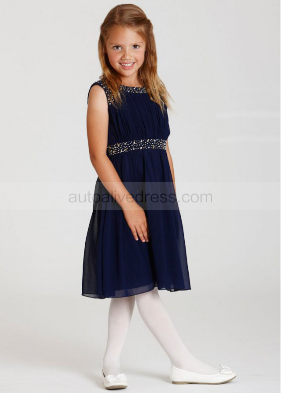 Navy Blue Chiffon Beaded Knee Length Flower Girl Dress 
